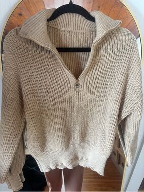Zip-Front Chunky Knit Sweater Pullover - Cream